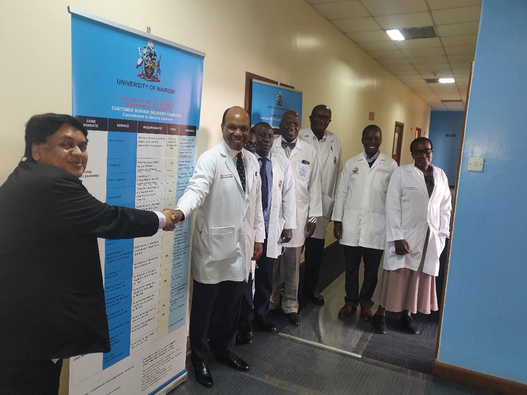 Pharmabranding Director Mr Samir Munshi with Dr Julius Kiboi UoN Dept of Surgery Chairman and Thematic Unit Heads. 